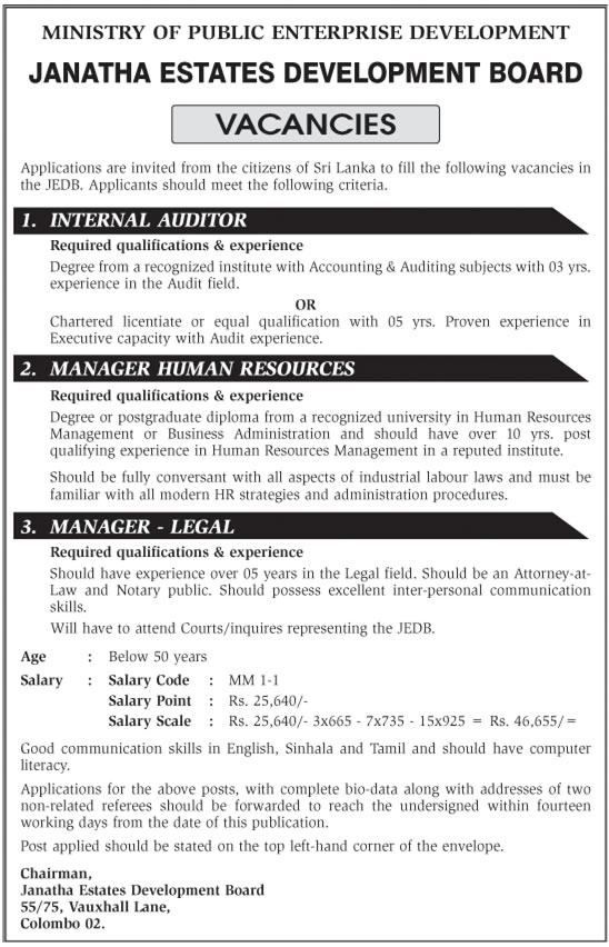 Internal Auditor, Manager (Human Resource), Manager (Legal) - Janatha Estates Development Board	